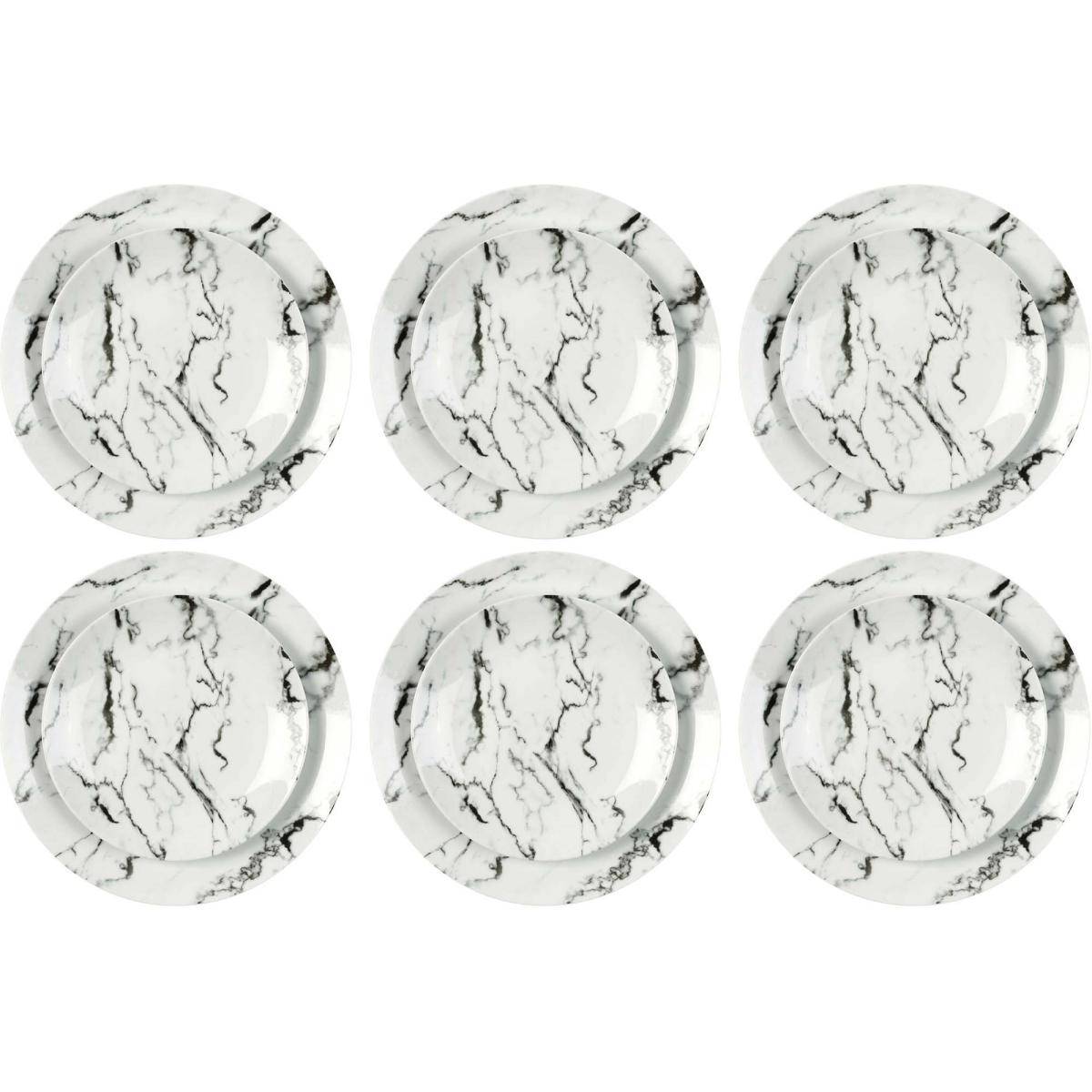 The Home Deco Factory - Service de table 12 assiettes en porcelaine motif marbre blanc Marble - Image 1