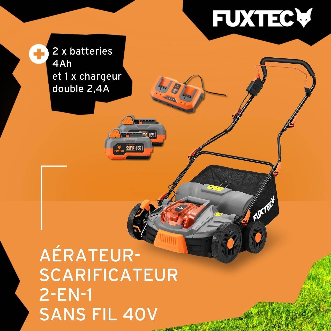Fuxtec Scarificateur Aérateur À Batterie 40v Set Fx-e2ve38set Avec 2 Batteries Et Chargeur, 2-en-1, Largeur 38 Cm - Image 2