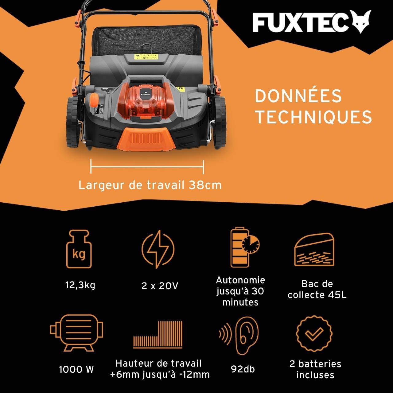 Fuxtec Scarificateur Aérateur À Batterie 40v Set Fx-e2ve38set Avec 2 Batteries Et Chargeur, 2-en-1, Largeur 38 Cm - Image 3