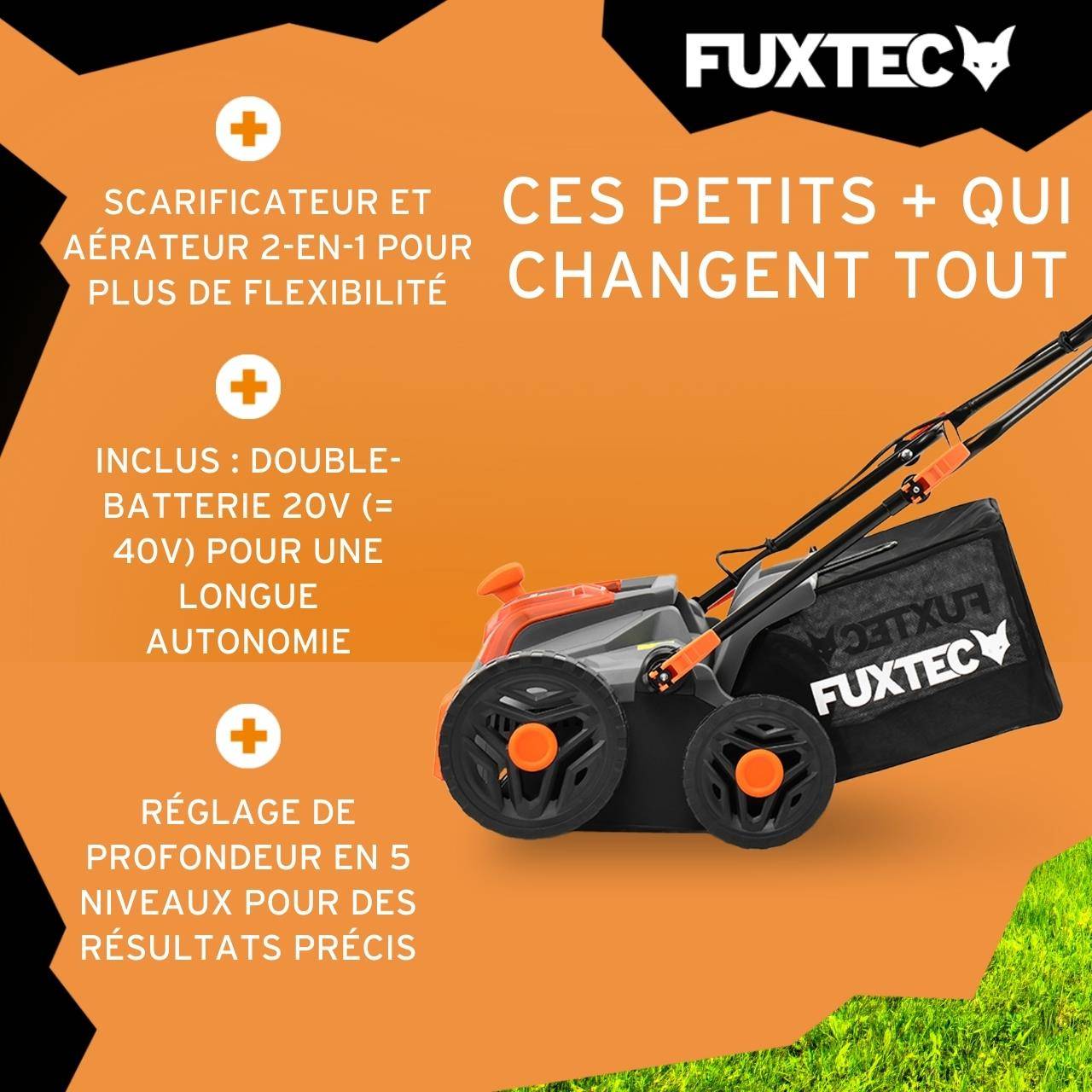 Fuxtec Scarificateur Aérateur À Batterie 40v Set Fx-e2ve38set Avec 2 Batteries Et Chargeur, 2-en-1, Largeur 38 Cm - Image 4