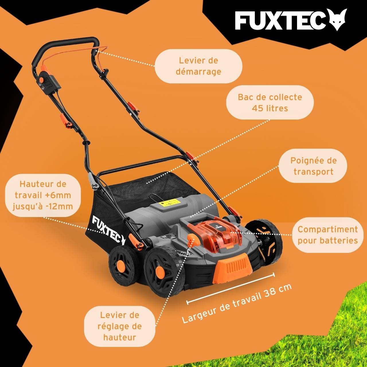Fuxtec Scarificateur Aérateur À Batterie 40v Set Fx-e2ve38set Avec 2 Batteries Et Chargeur, 2-en-1, Largeur 38 Cm - Image 6