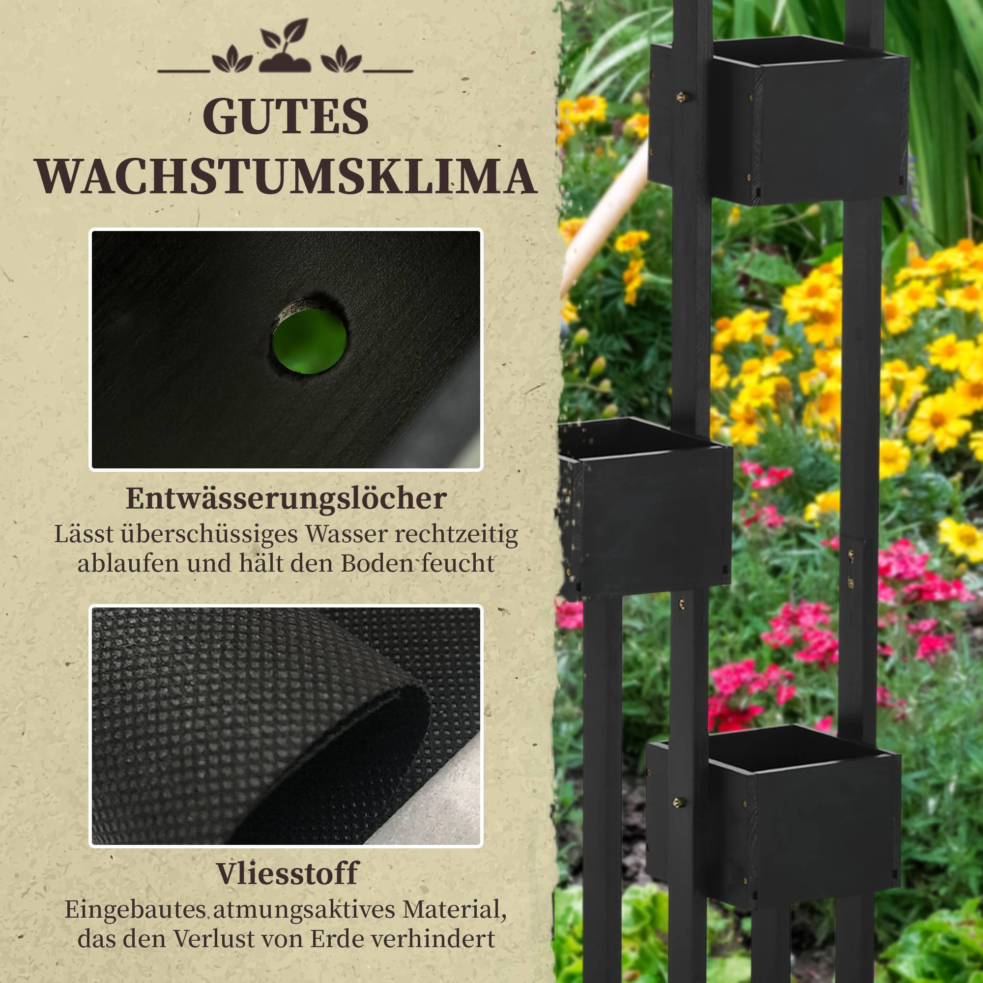 Potager Modulaire Cadre Bois Sapin Balcon Terrasse Culture Personnalisée 90x45x170cm Noir - ComfortXL Outdoor Living - Image 8