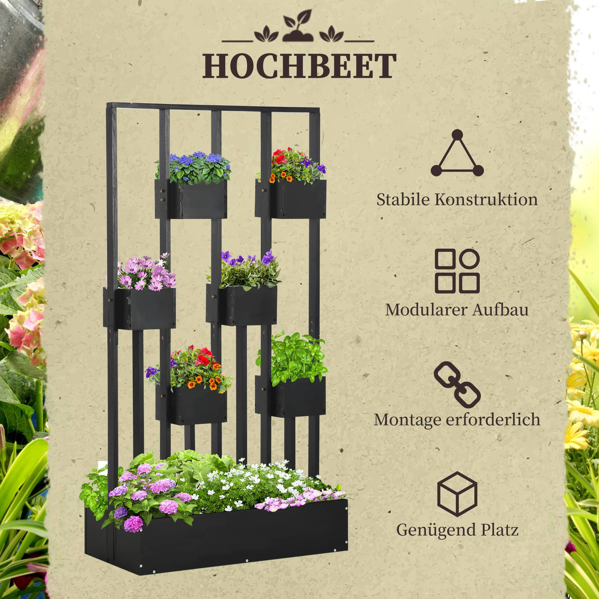 Potager Modulaire Cadre Bois Sapin Balcon Terrasse Culture Personnalisée 90x45x170cm Noir - ComfortXL Outdoor Living - Image 6