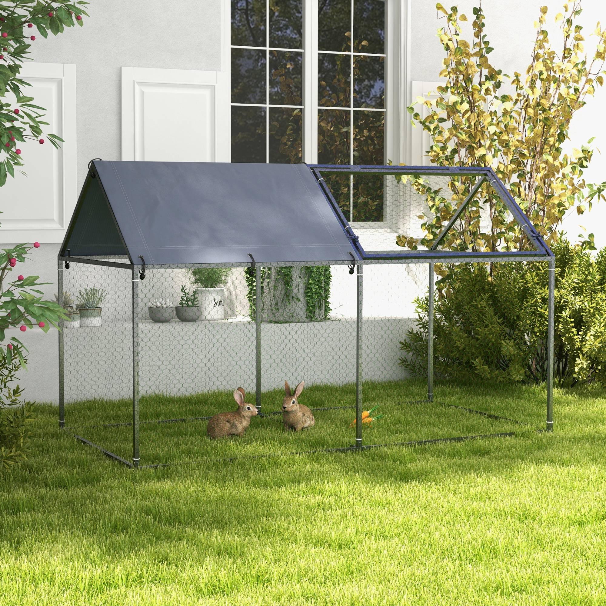 Parc pour animaux en acier avec 1 porte supérieure et 1 toile de toit anti-UV pour une utilisation extérieure, 198 x 100 x 120 cm, argent - Image 3