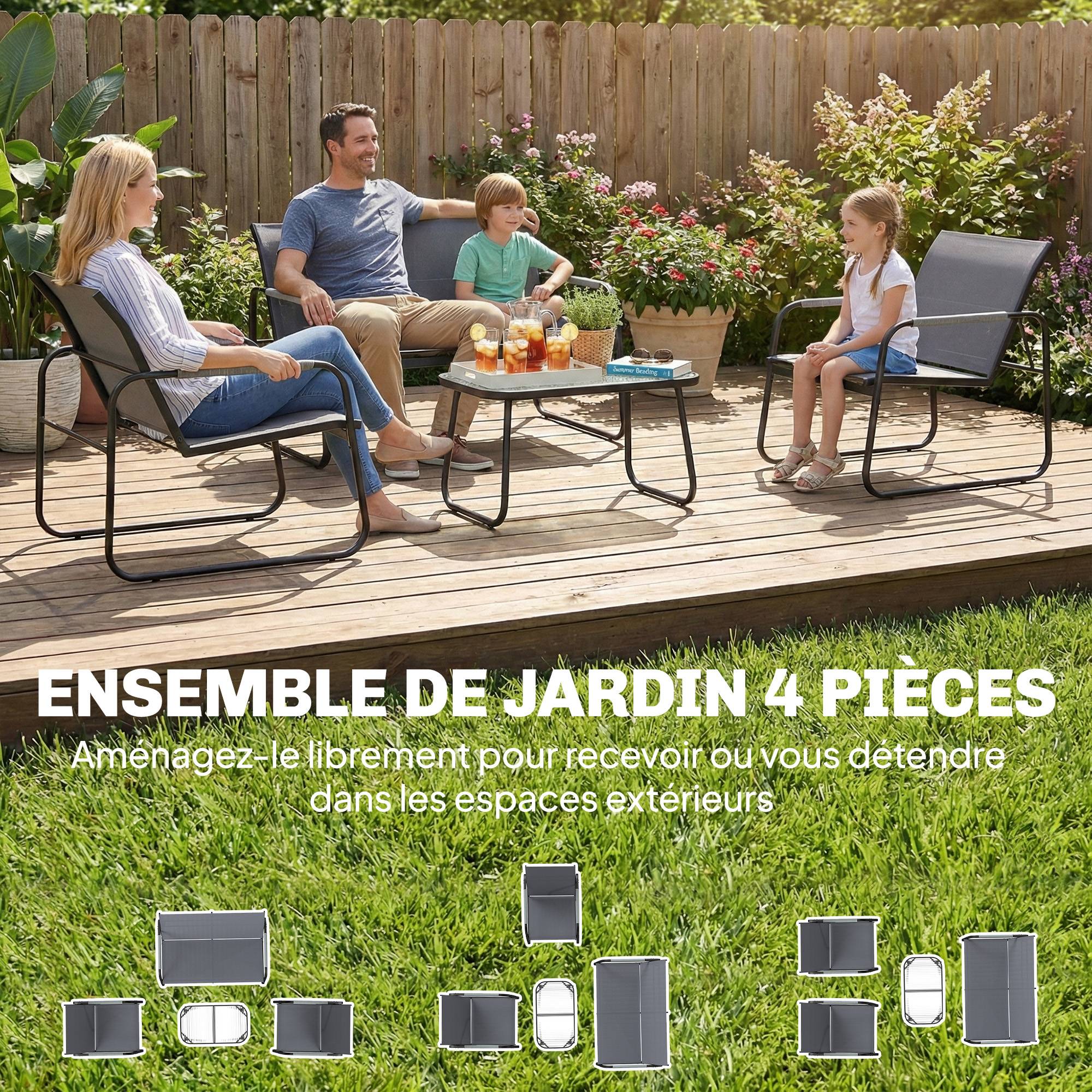 Salon de Jardin Ensemble de Terrasse en Acier et Textilène 4 Pièces avec Accoudoirs Corde Tressée Gris - Image 6