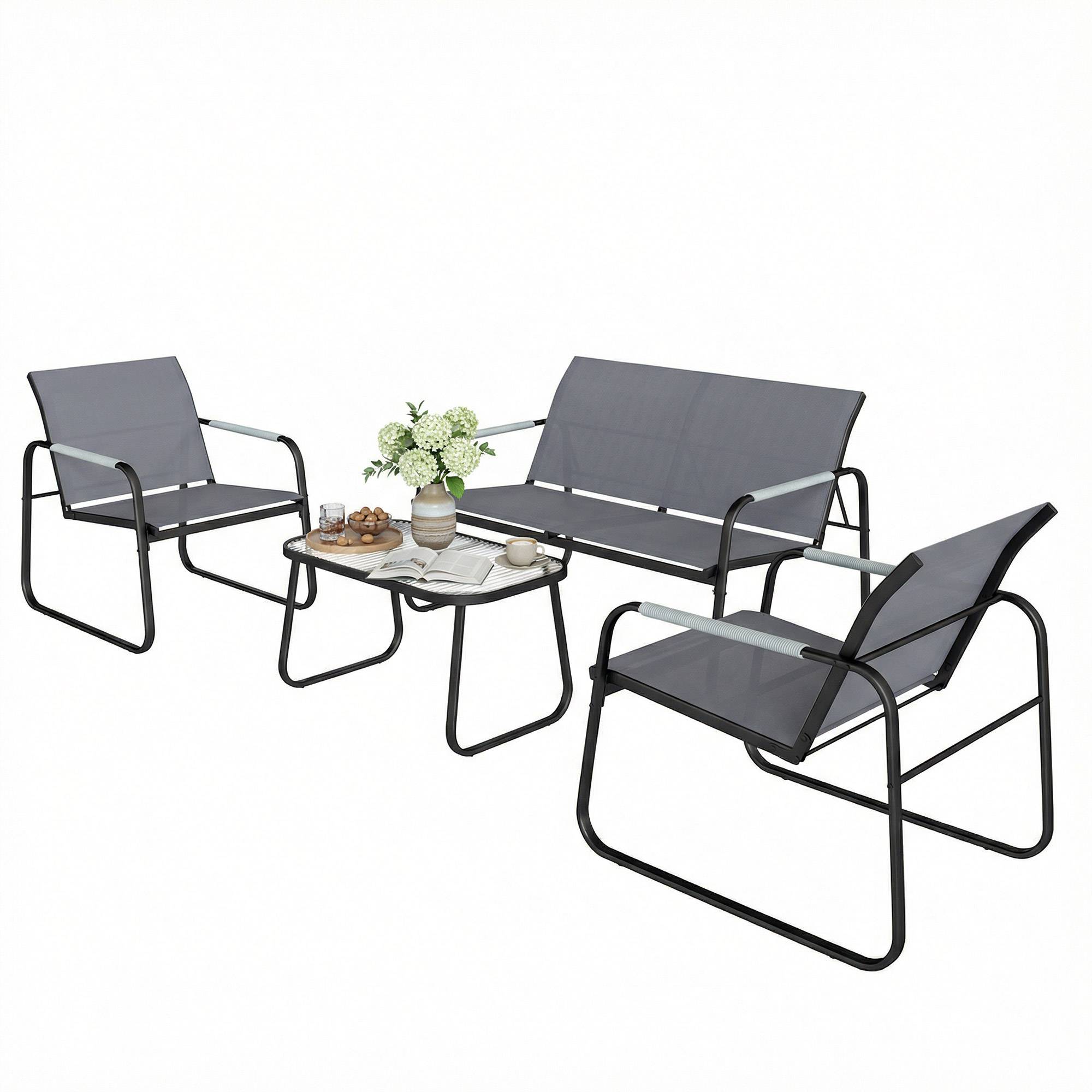 Salon de Jardin Ensemble de Terrasse en Acier et Textilène 4 Pièces avec Accoudoirs Corde Tressée Gris - Image 2
