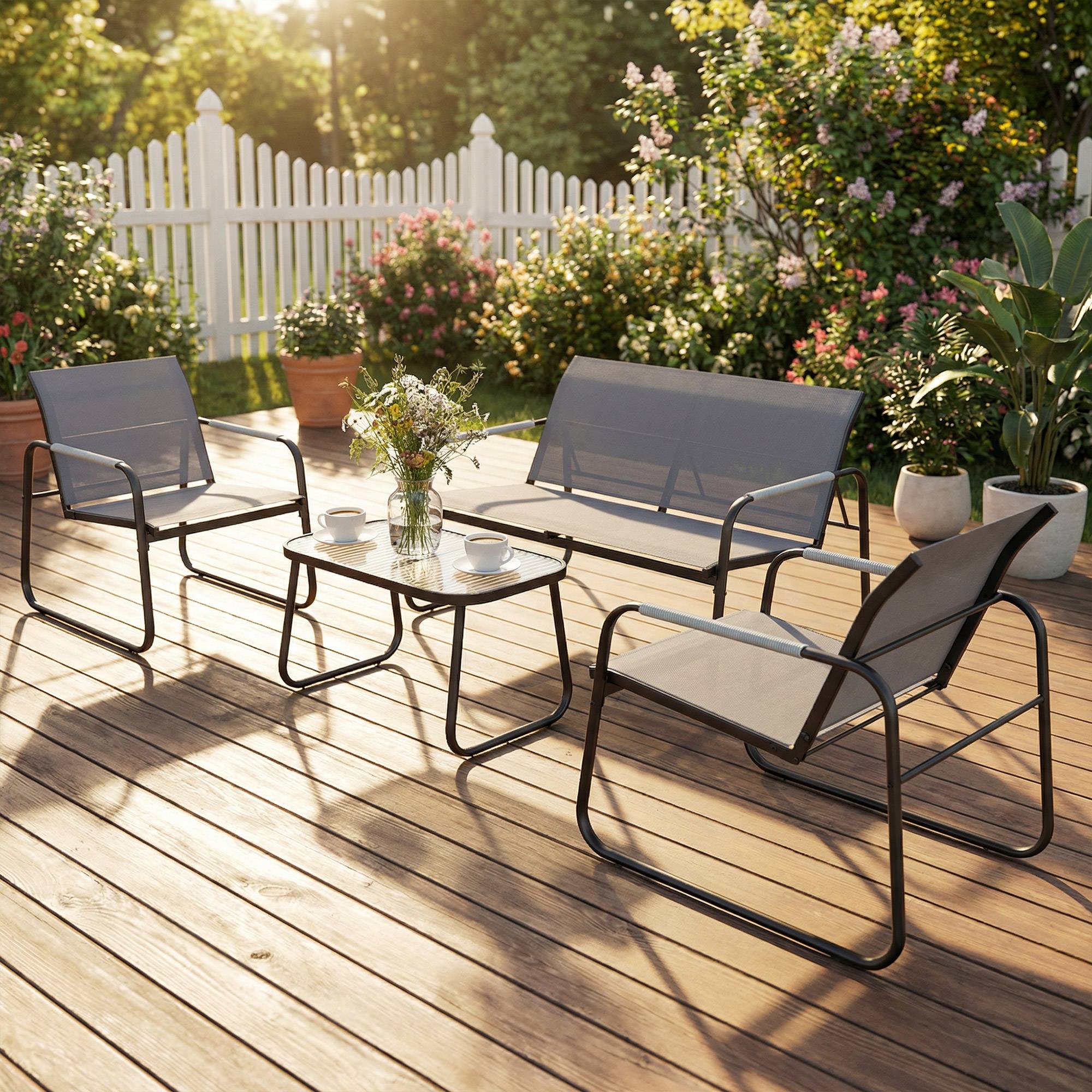 Salon de Jardin Ensemble de Terrasse en Acier et Textilène 4 Pièces avec Accoudoirs Corde Tressée Gris - Image 4