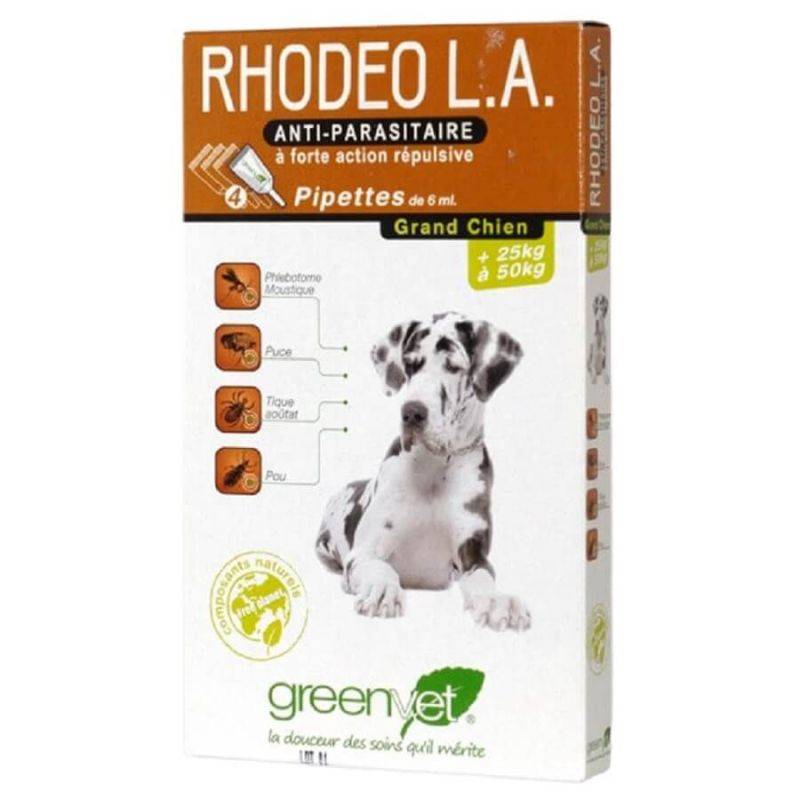 RHODEO L.A. PIPETTE ANTIPARASITAIRE GRAND CHIEN 25 - 50 kg - GREENVET 4 pipettes