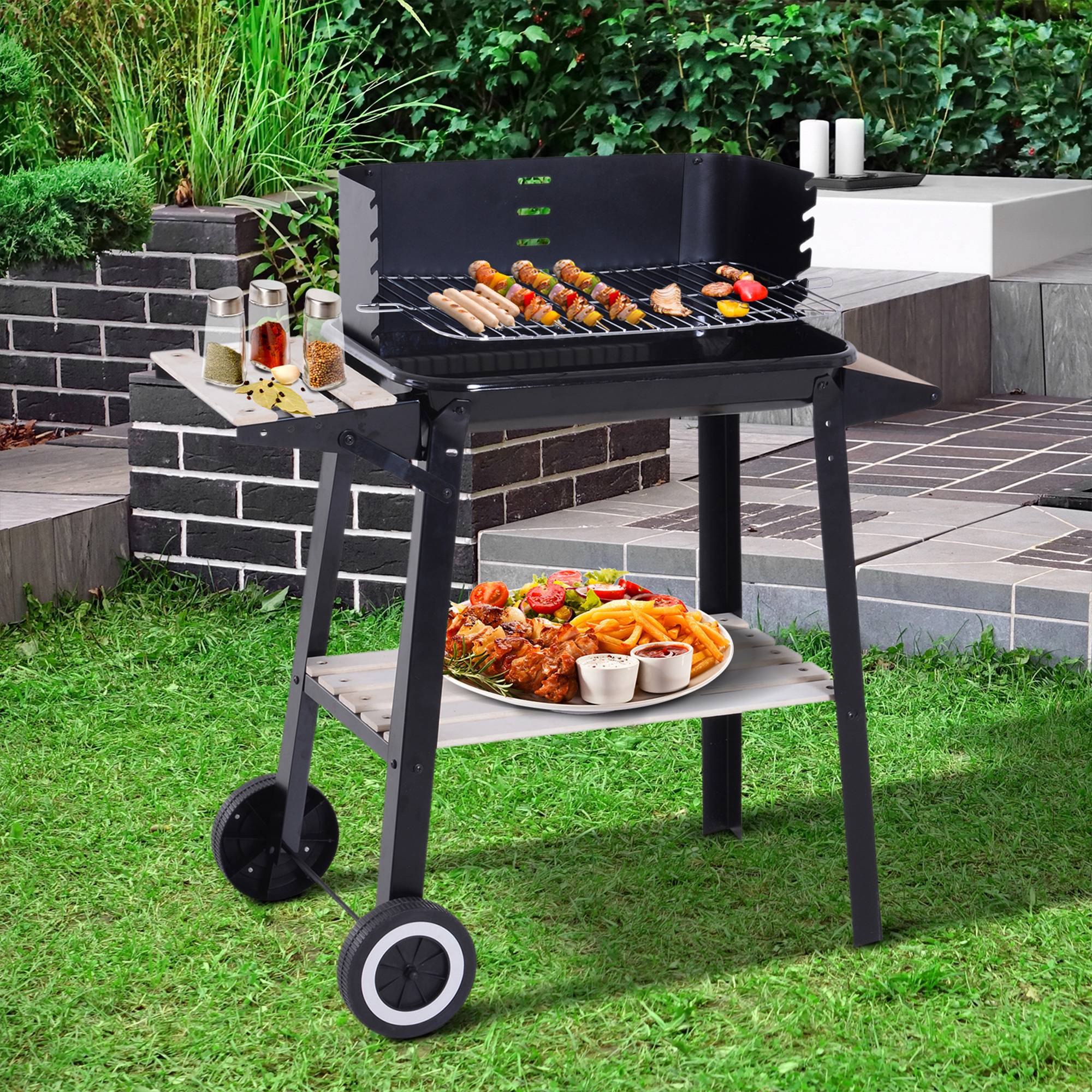 Sans Marque - Barbecue à charbon de bois avec hauteur de grille réglable, étagères et roulettes pour une utilisation en extérieur, 83 x 46 x 87 cm, noir - Image 4