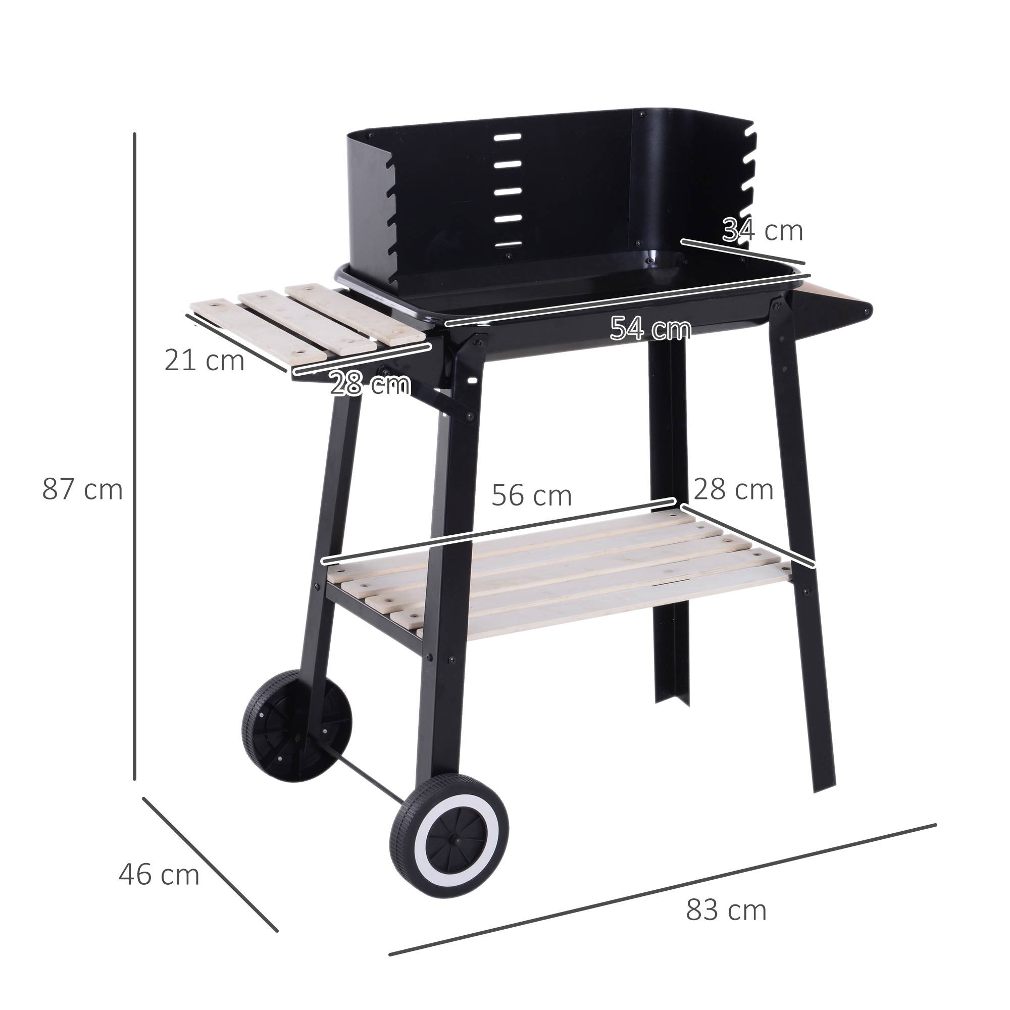Sans Marque - Barbecue à charbon de bois avec hauteur de grille réglable, étagères et roulettes pour une utilisation en extérieur, 83 x 46 x 87 cm, noir - Image 5