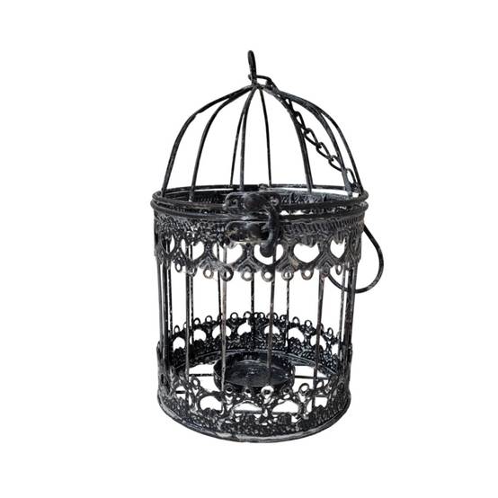 Cage à oiseaux décorative ancienne métal noir blanc Ø.13x21cm Chemin de campagne - Image 1