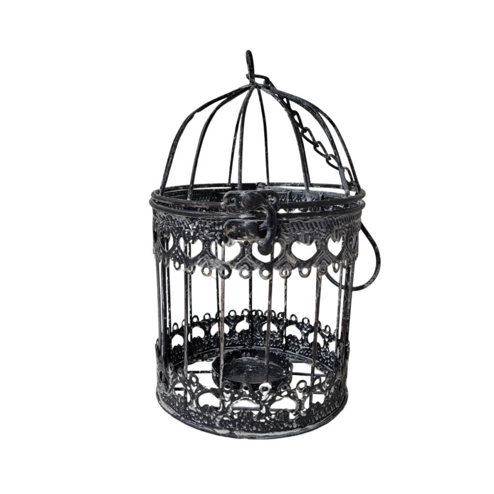 Cage à oiseaux décorative ancienne métal noir blanc Ø.13x21cm Chemin de campagne - Image 1