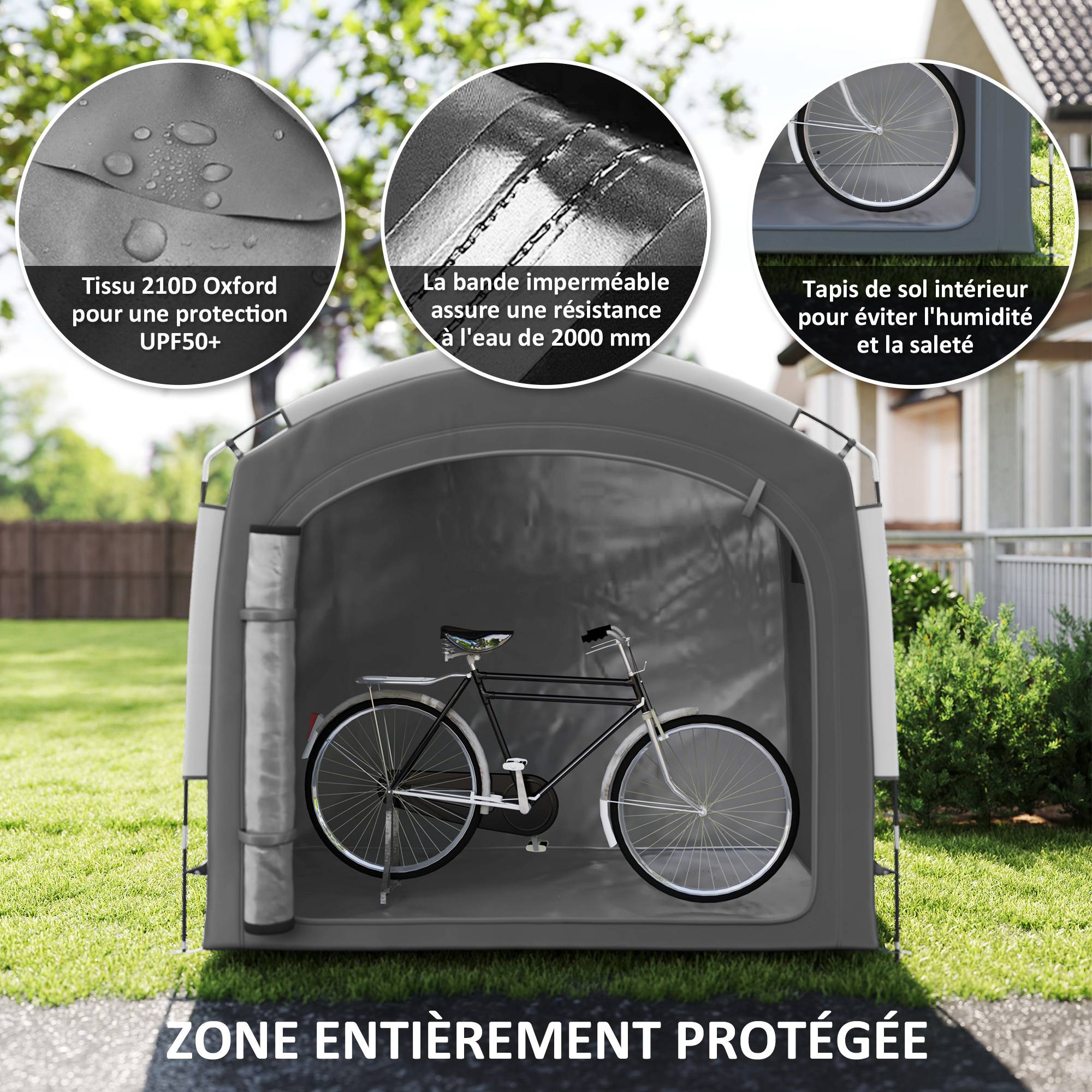Tente de vélo abri de vélo portable pour 3-4 vélos avec 2 poches latérales 220 x 150 x 195cm gris foncé - Image 7