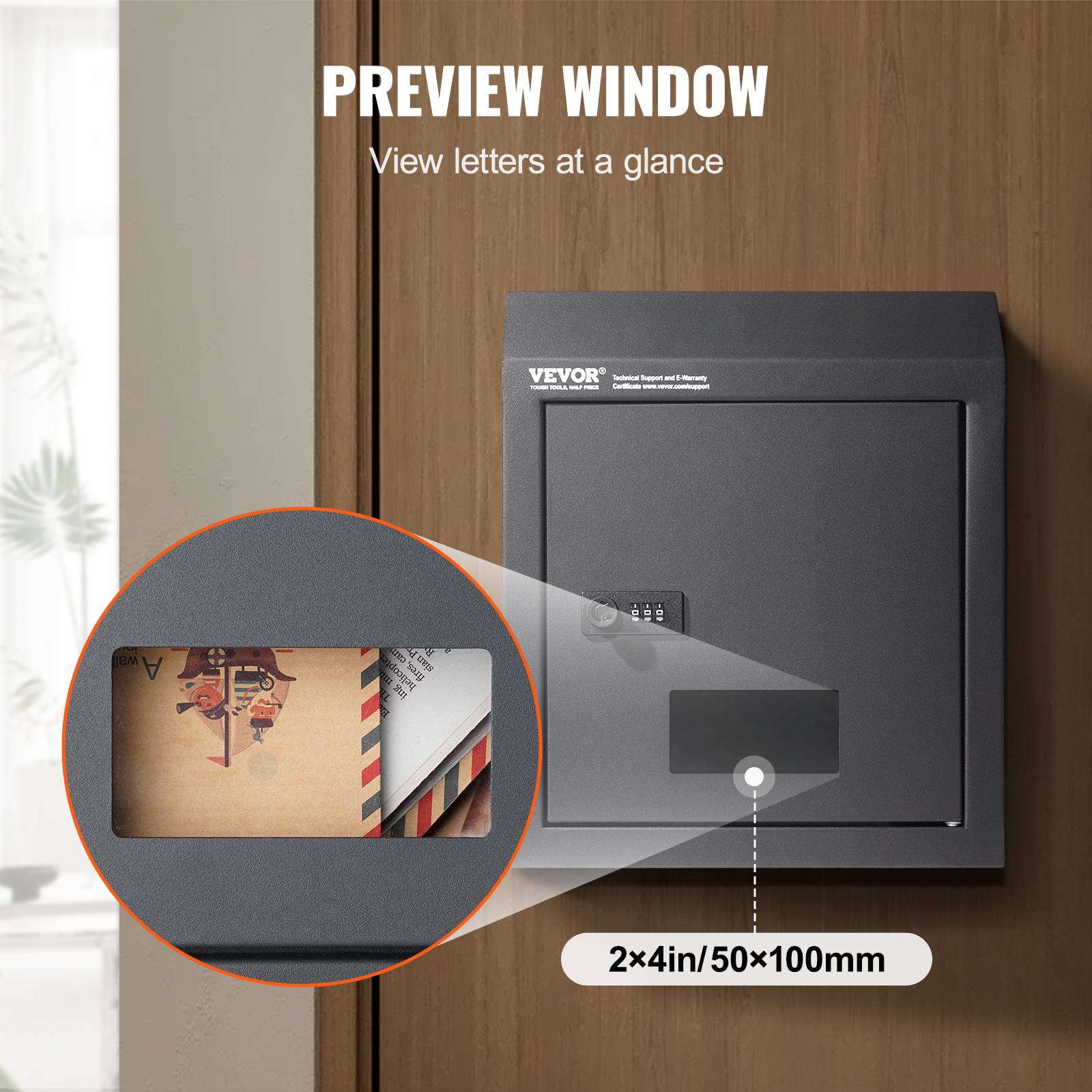 VEVOR Boîte aux lettres encastrable porte, 305x155x360 mm. Acier, verrou code, pour lettres, clés, maison. - Image 6