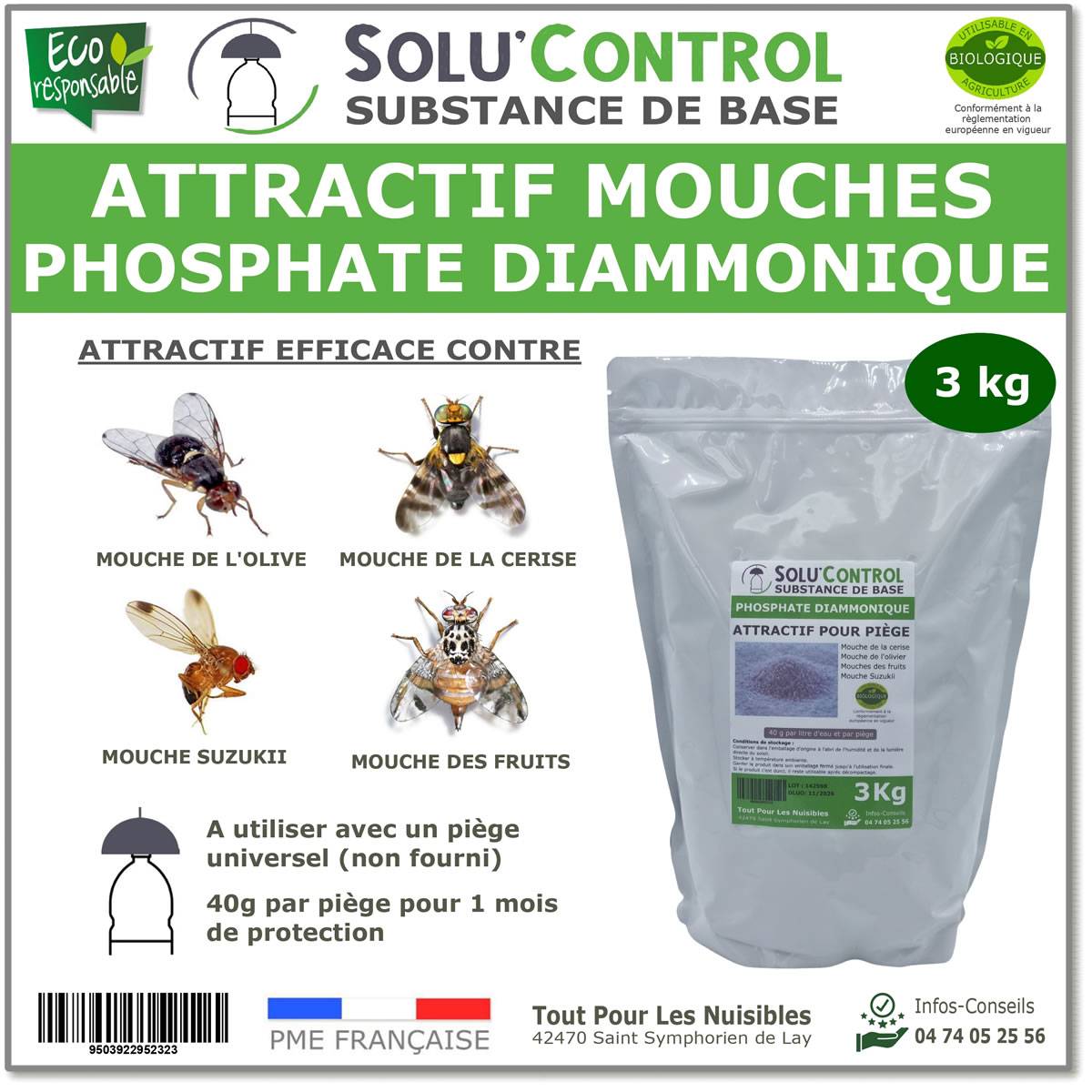 SOLU'CONTROL - Phosphate Diammonique, appât naturel contre les mouches des fruits - Sac de 3 kg - Image 1