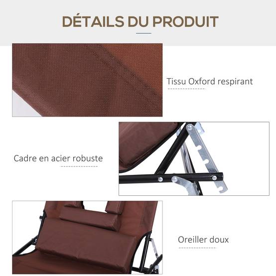 Transat chaise longue pliable acier terrasse piscine avec coussins amovibles marron - ComfortXL Outdoor Living - Image 8