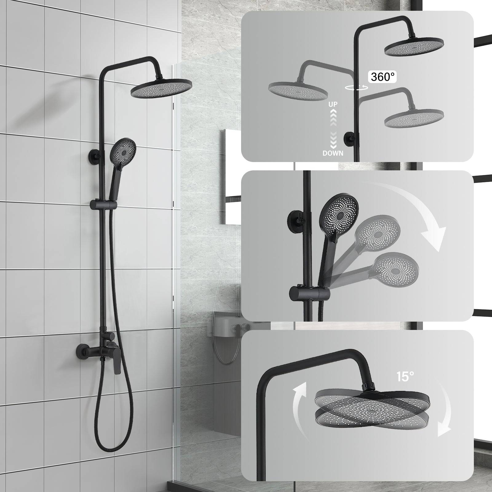 Teeno - Colonne de douche avec tête de douche ronde et manchette en ABS avec 3 jets, Noir - Image 3