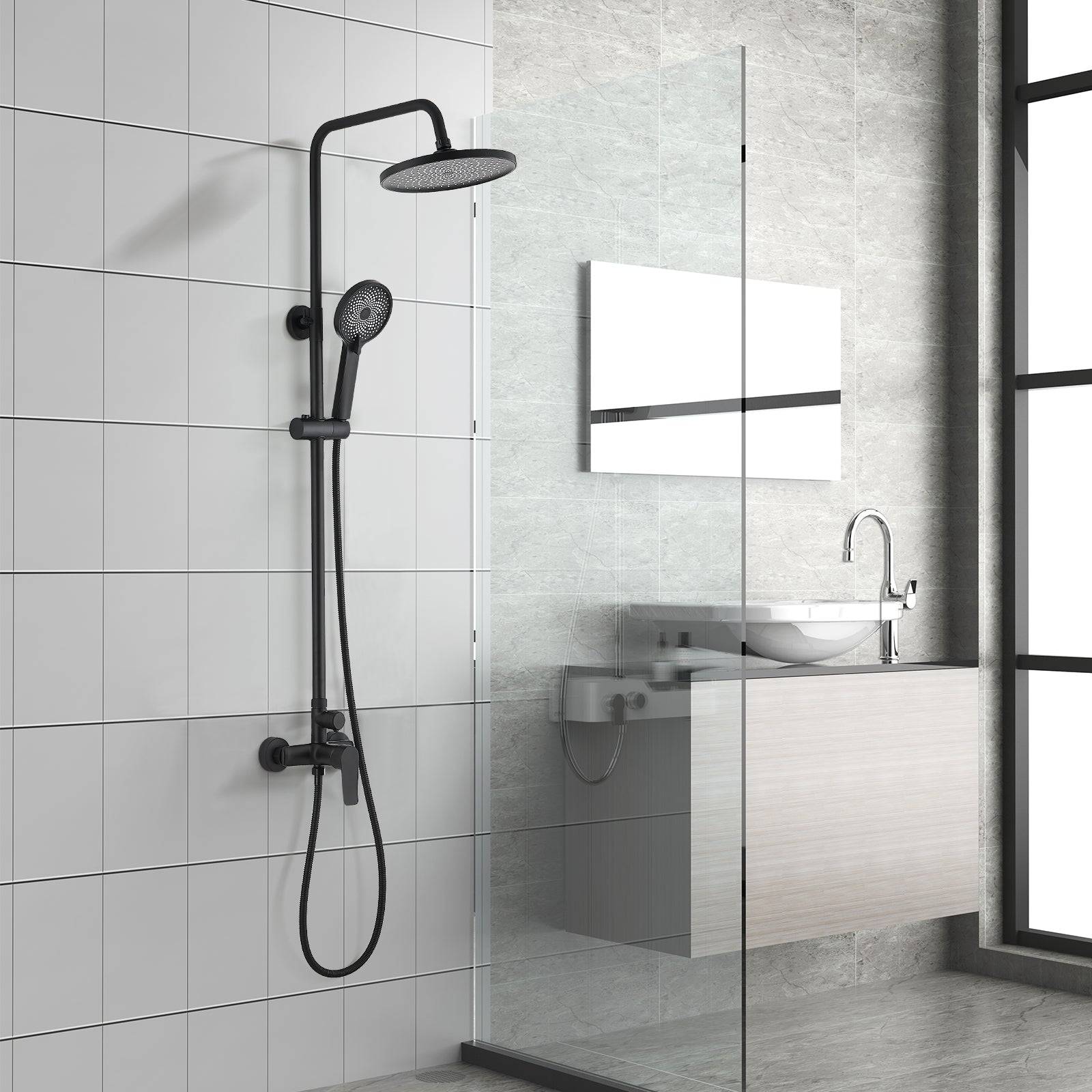 Teeno - Colonne de douche avec tête de douche ronde et manchette en ABS avec 3 jets, Noir - Image 5
