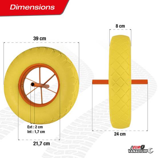 Roue de brouette increvable 390 mm – Axe ext 20 mm - EURO VANADIUM - Image 3