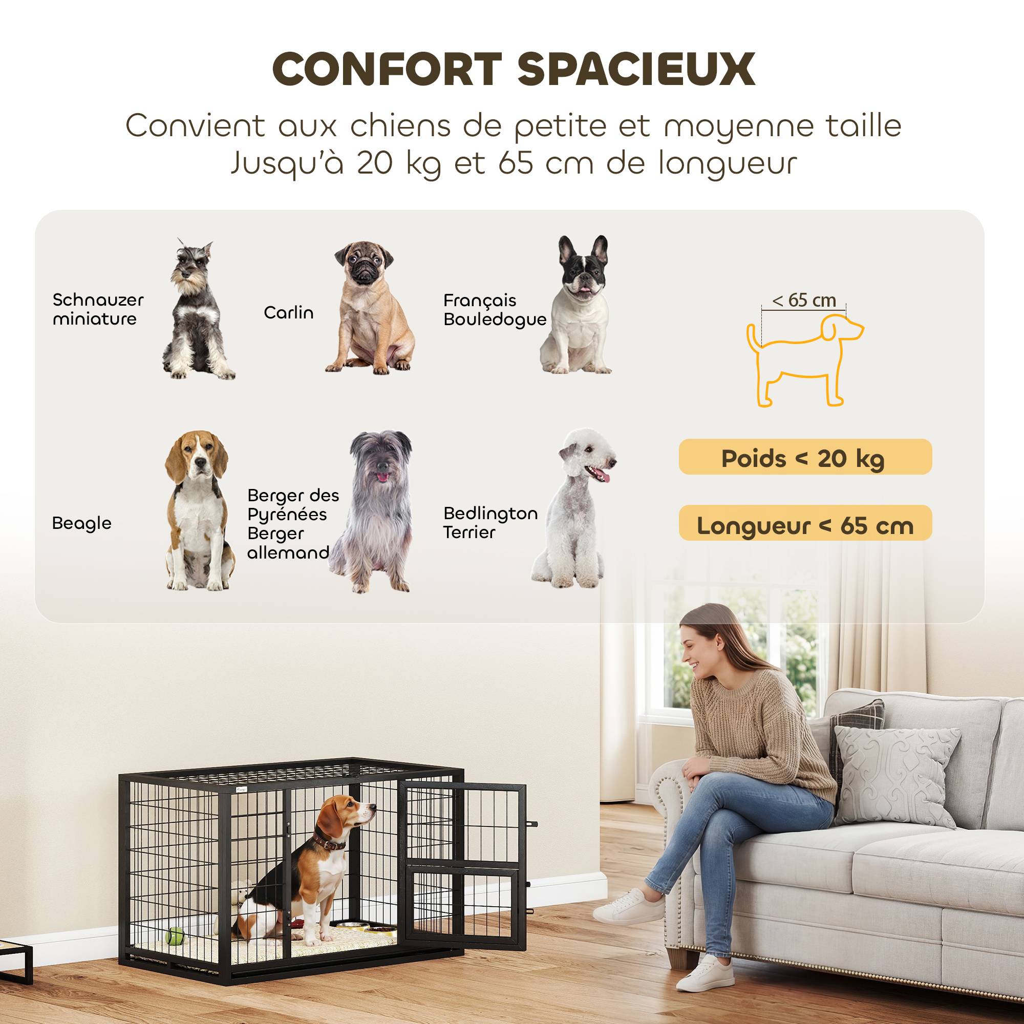 Sans Marque - Cage pour Chien Robuste Niche Chien Intérieur Toit Ouvrant et Porte de Nourrissage Acier 94 x 60 x 64 cm Noir - Image 10