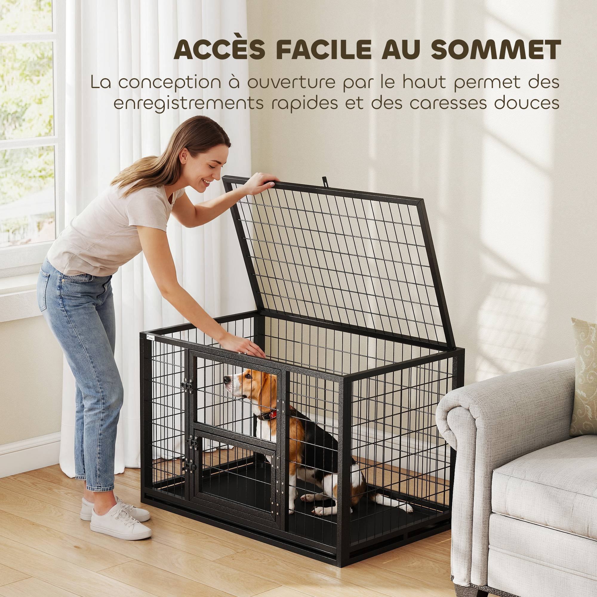 Sans Marque - Cage pour Chien Robuste Niche Chien Intérieur Toit Ouvrant et Porte de Nourrissage Acier 94 x 60 x 64 cm Noir - Image 8