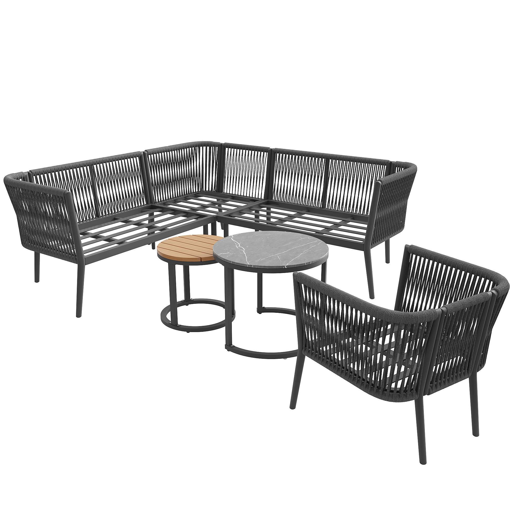 ComfortXL - Salon de jardin d'angle résine tressée métal 5-6 places terrasse modulable avec tables gris - ComfortXL Outdoor Living - Image 9