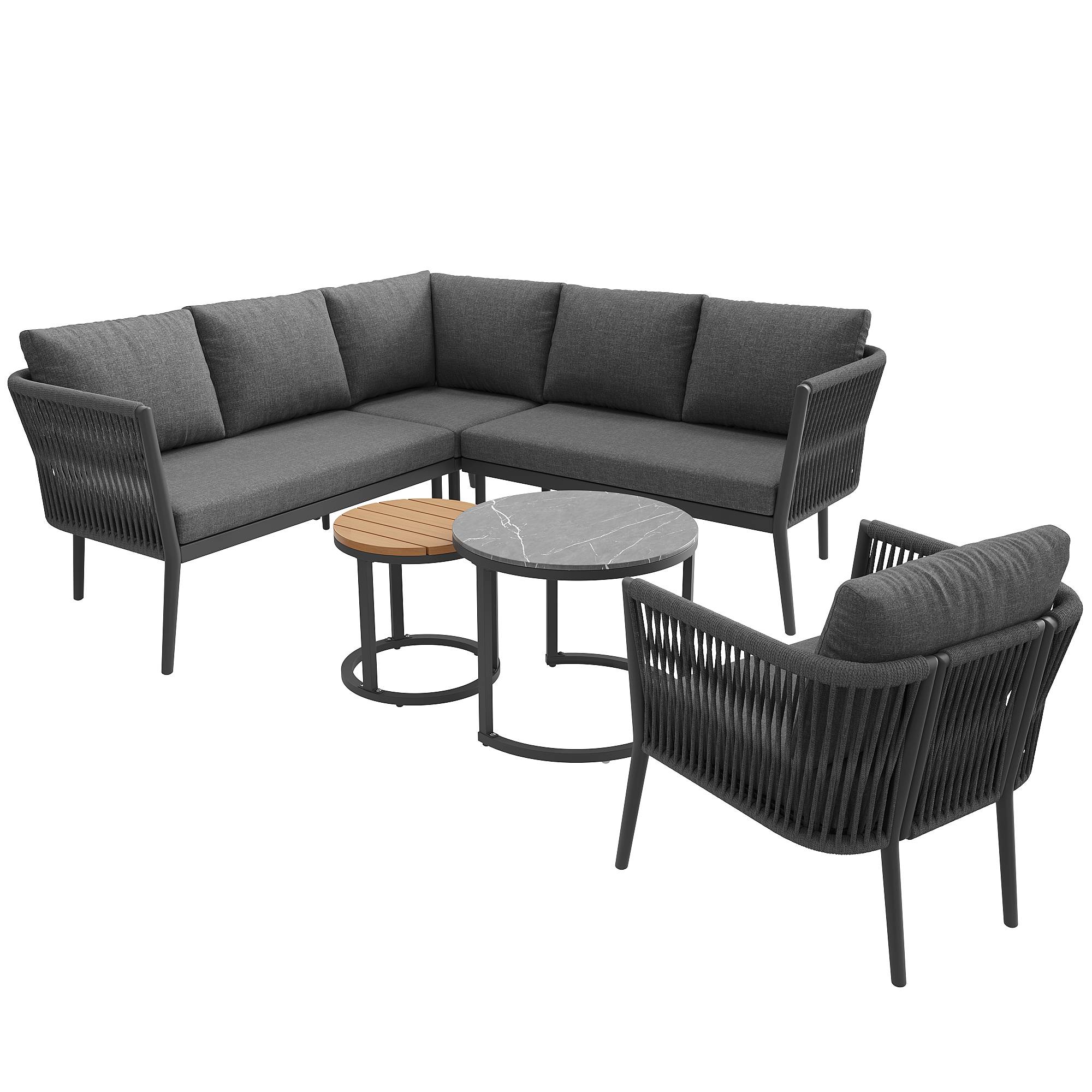ComfortXL - Salon de jardin d'angle résine tressée métal 5-6 places terrasse modulable avec tables gris - ComfortXL Outdoor Living - Image 2