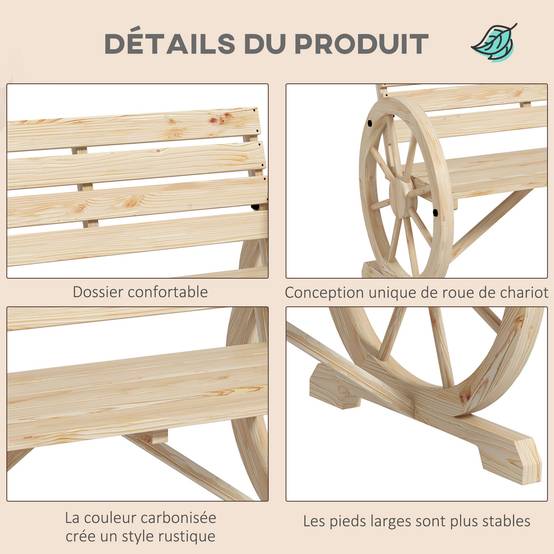Outsunny - Banc de Jardin 3 places - Style Rustique Chic - accoudoirs Roues Charette - en bois - effet bois naturel - Outsunny - Image 8