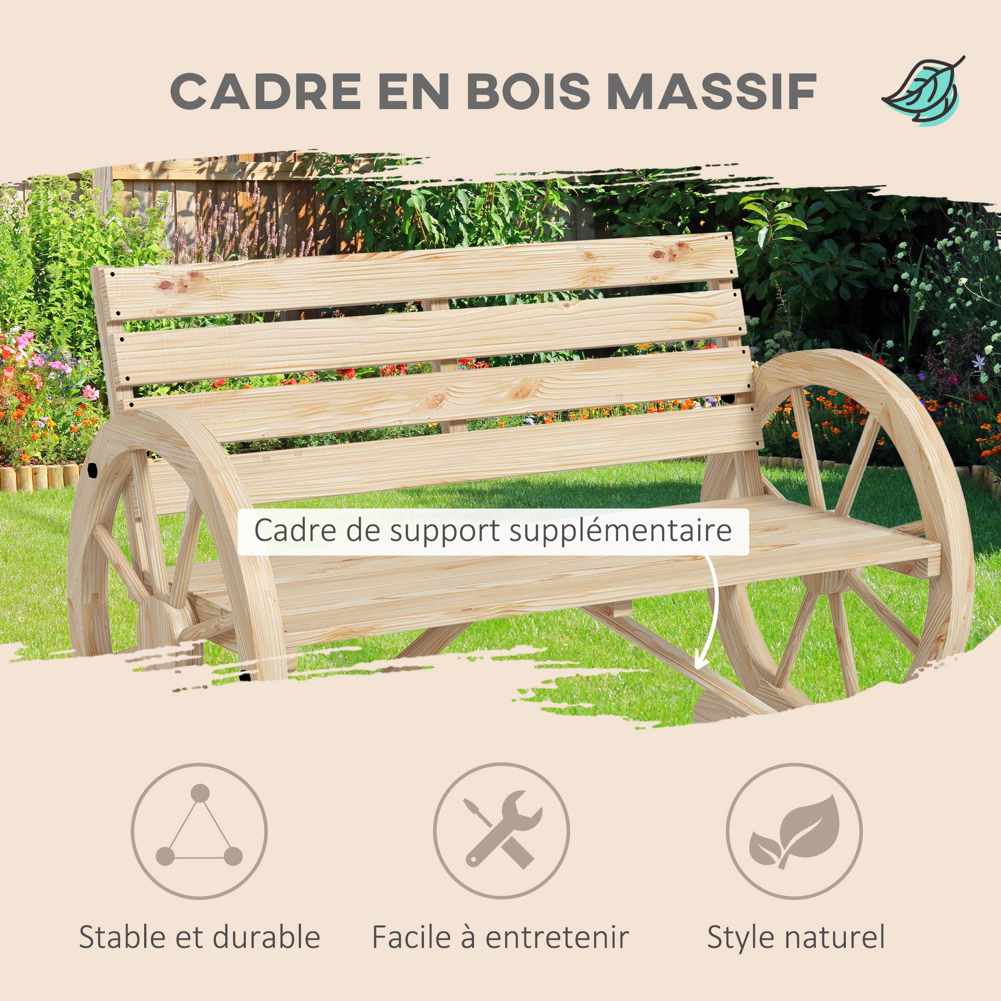 Outsunny - Banc de Jardin 3 places - Style Rustique Chic - accoudoirs Roues Charette - en bois - effet bois naturel - Outsunny - Image 7