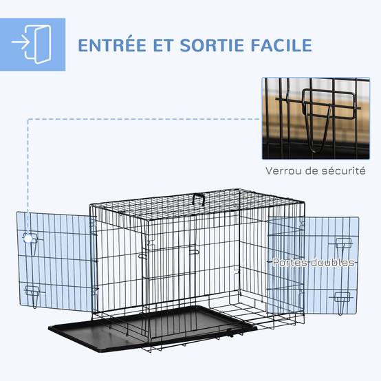 Cage pour chien acier intérieur transport pliable 2 portes plateau amovible 92cm noir - ComfortXL Outdoor Living - Image 6