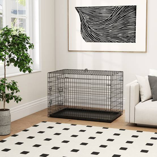 Cage pour chien acier intérieur transport pliable 2 portes plateau amovible 92cm noir - ComfortXL Outdoor Living - Image 10