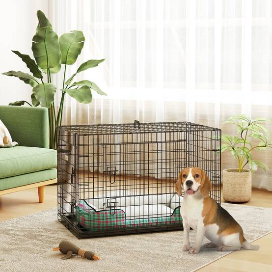 Cage pour chien acier intérieur transport pliable 2 portes plateau amovible 92cm noir - ComfortXL Outdoor Living - Image 3