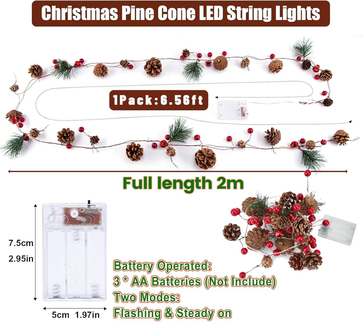 Guirlande lumineuse en forme de pomme de pin, 2 m, 20 LED, guirlande de Noël avec lumières rouges et pommes de pin, à piles, décoration de Noël. - Image 3