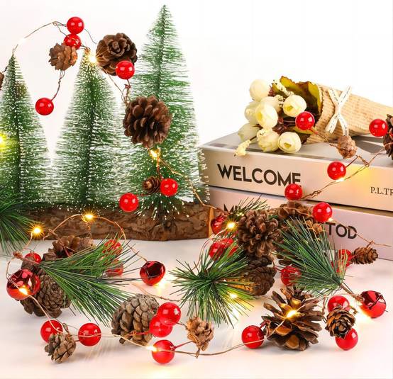 Guirlande lumineuse en forme de pomme de pin, 2 m, 20 LED, guirlande de Noël avec lumières rouges et pommes de pin, à piles, décoration de Noël. - Image 6