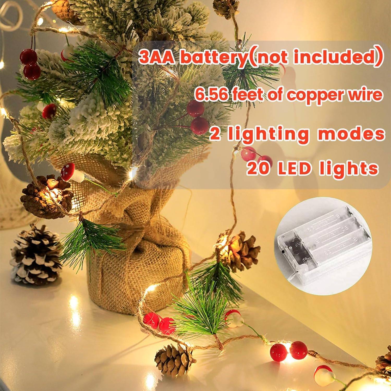 Guirlande lumineuse en forme de pomme de pin, 2 m, 20 LED, guirlande de Noël avec lumières rouges et pommes de pin, à piles, décoration de Noël. - Image 5