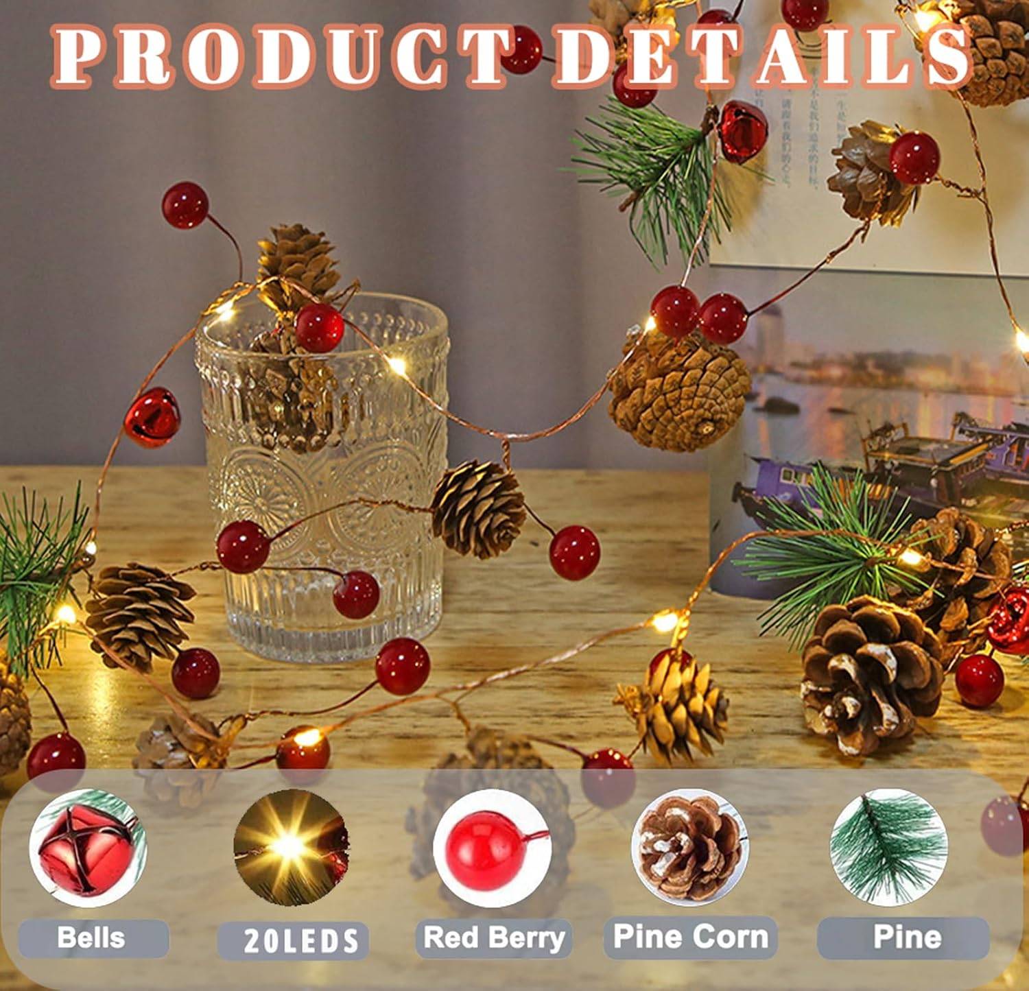 Guirlande lumineuse en forme de pomme de pin, 2 m, 20 LED, guirlande de Noël avec lumières rouges et pommes de pin, à piles, décoration de Noël. - Image 2