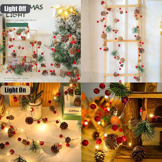 Guirlande lumineuse en forme de pomme de pin, 2 m, 20 LED, guirlande de Noël avec lumières rouges et pommes de pin, à piles, décoration de Noël. - Image 4