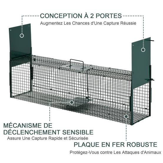 Piège Vivant Cage Attrape 100 x 25 x 28 cm Piège Fouine pour Martres, Rats, Souris - 2 entrées + poignée - métal vert - Image 5
