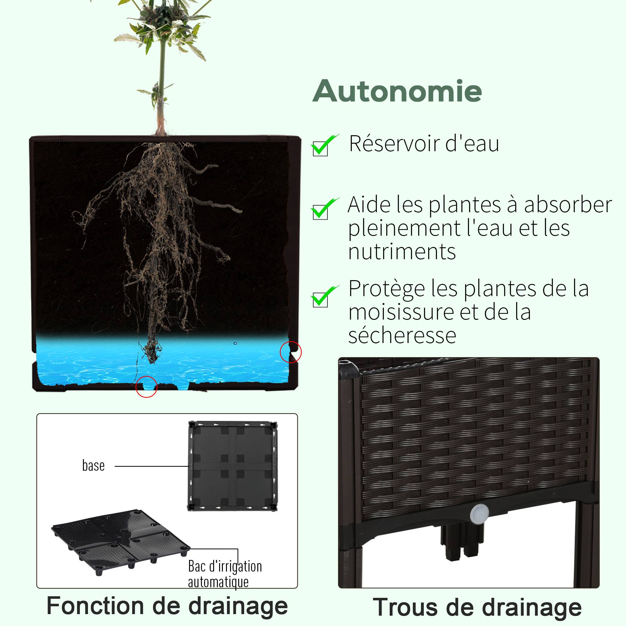 Maison Chic - Jardinière sur Pieds carré Potager 2 étages 80x80x44cm Insert d'irrigation Plastique Imitation rotin tressé Chocolat - Image 6