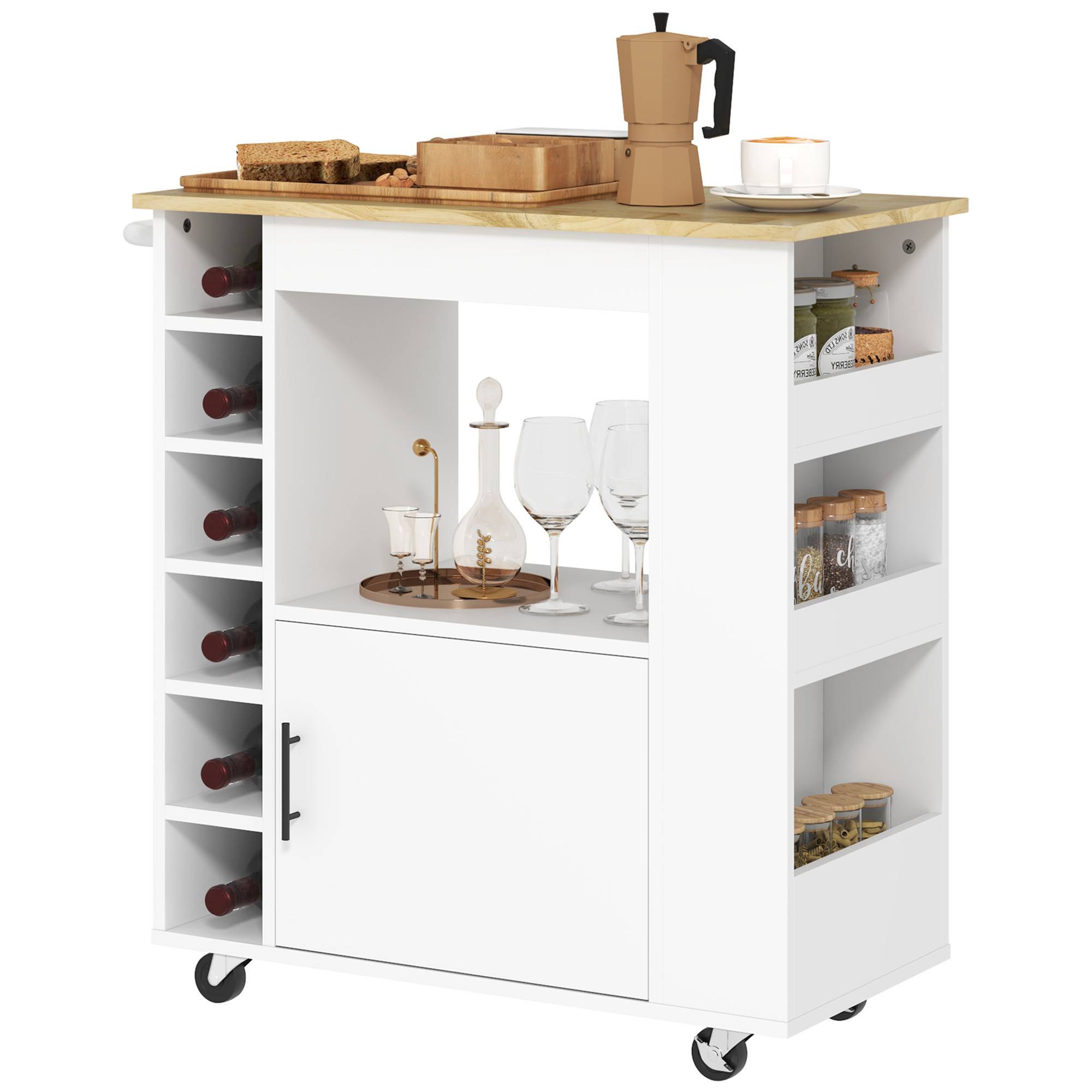 Sans Marque - Chariot cuisine îlot cuisine roulant chariot cuisine compartiments casiers vin placard plan travail blanc