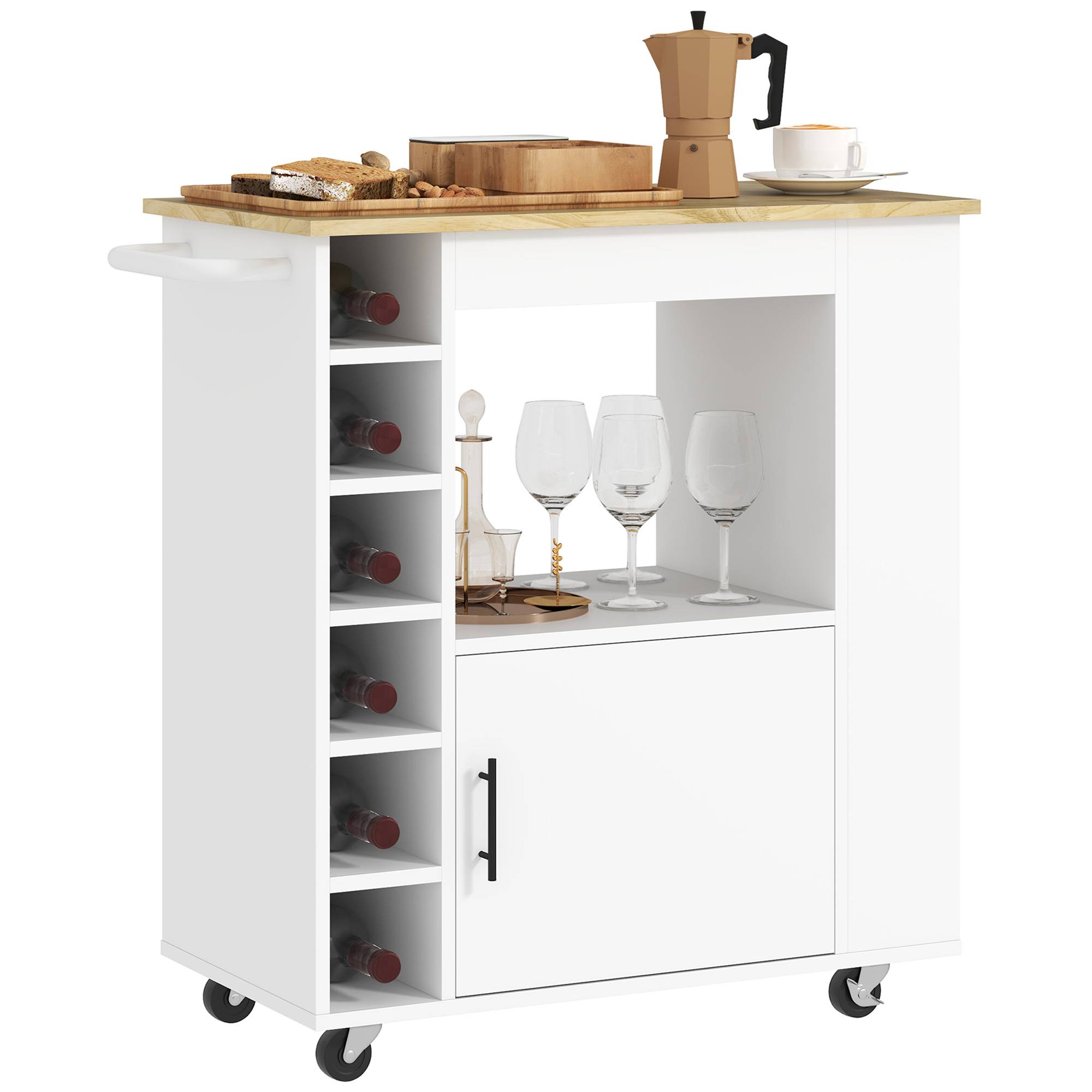 Sans Marque - Chariot cuisine îlot cuisine roulant chariot cuisine compartiments casiers vin placard plan travail blanc - Image 2