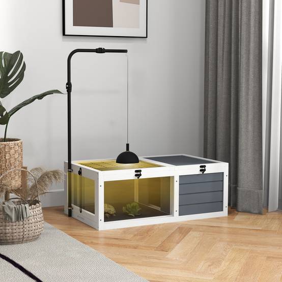 Maison enclos cage pour petit animal tortue avec 2 espaces support de lampe réglable 81 x 48 x 31,5 cm gris - Image 3