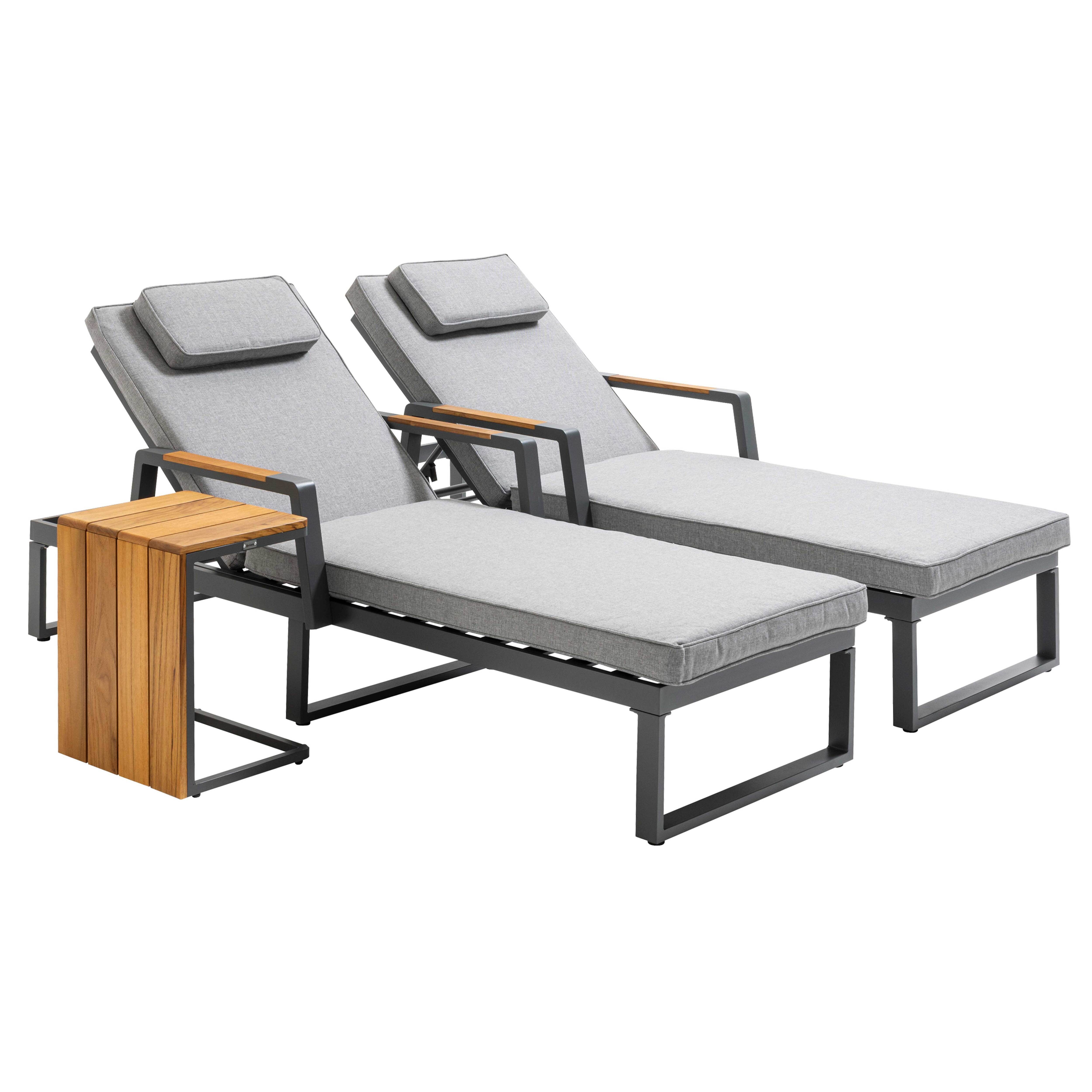 Oviala - Lot de 2 bains de soleil en aluminium et teck avec 1 tablette - Oviala - Image 1