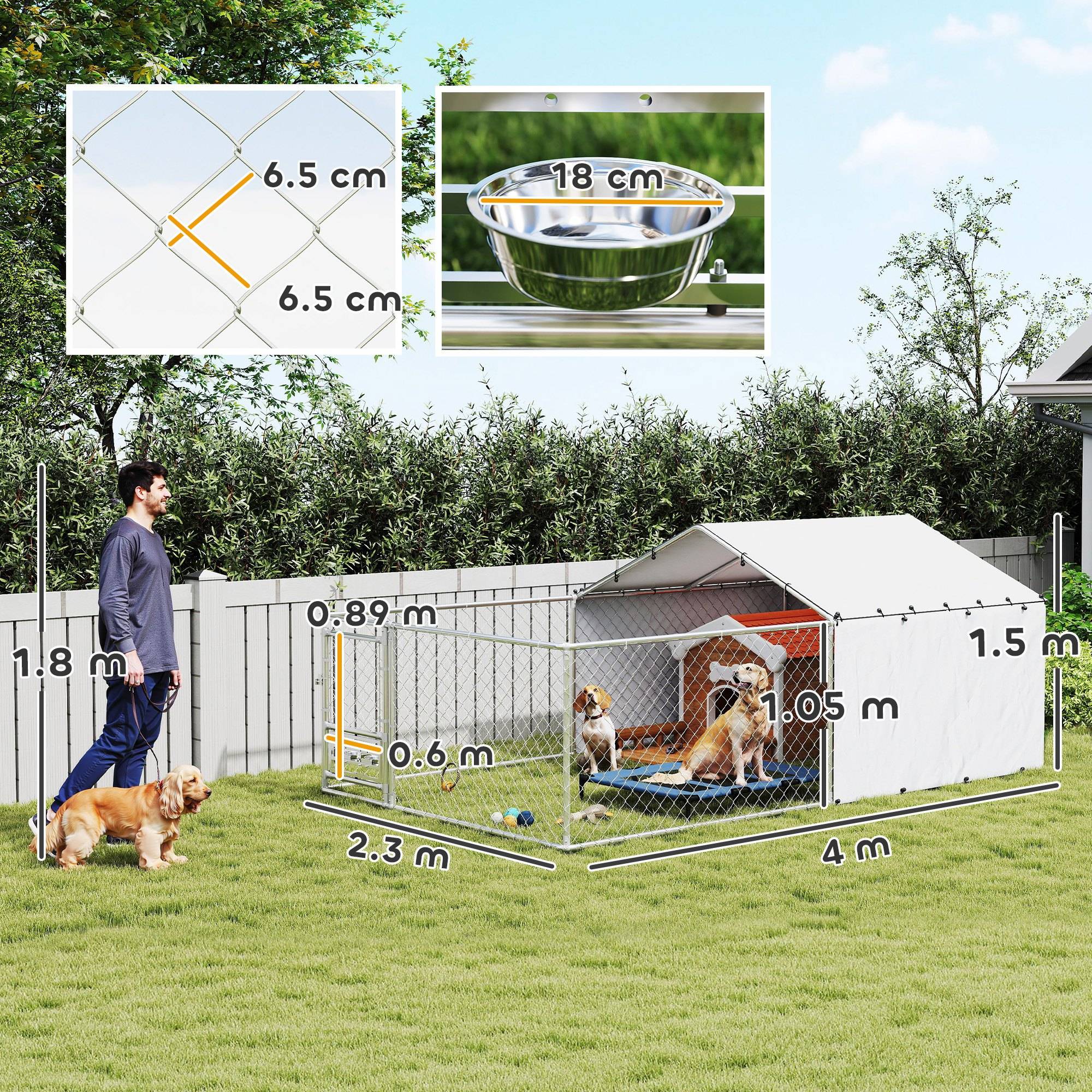 Parc pour chien avec couvercles et gamelles pivotantes, acier et tissu Oxford, 4 x 2,3 x 1,5 m, argent - Image 5