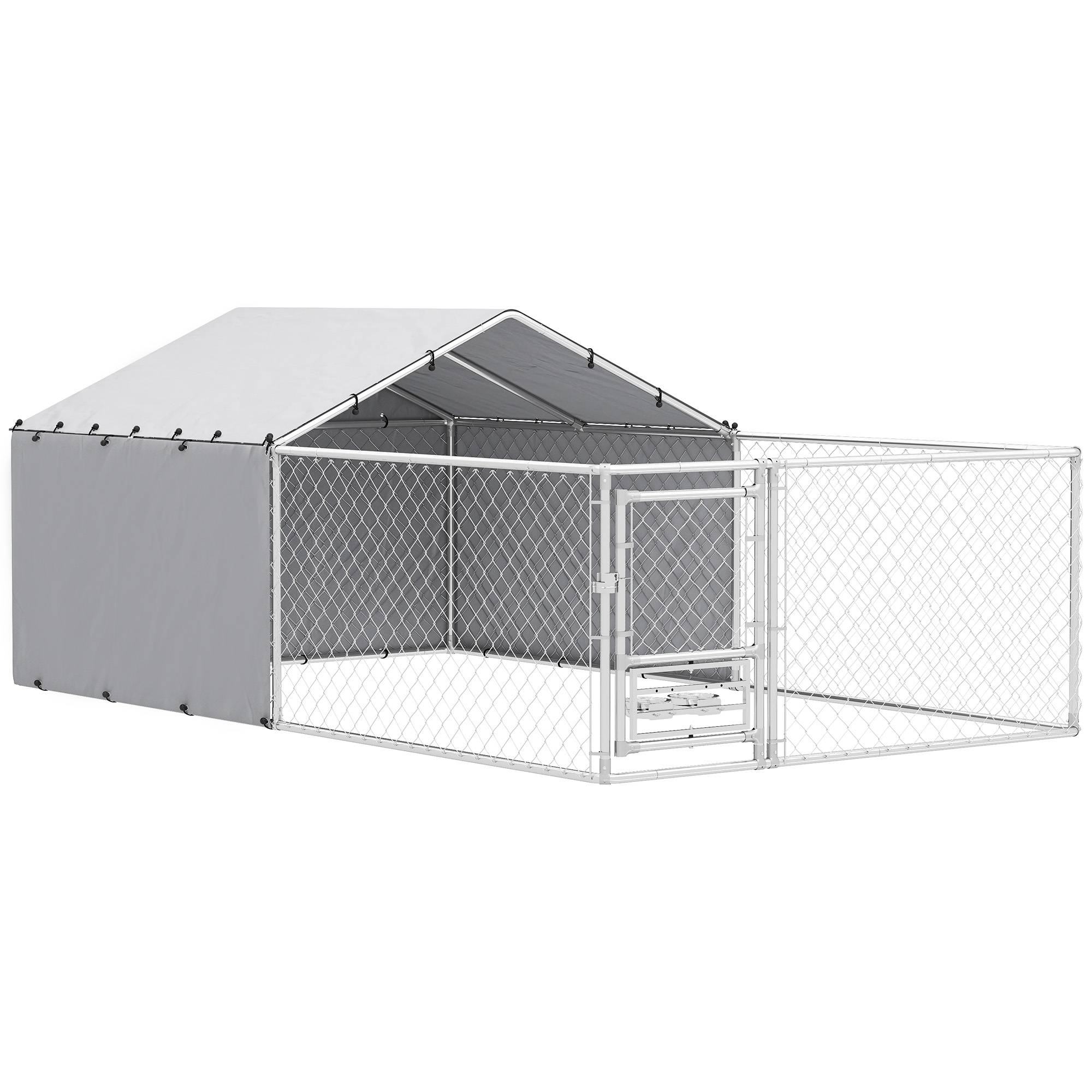 Parc pour chien avec couvercles et gamelles pivotantes, acier et tissu Oxford, 4 x 2,3 x 1,5 m, argent - Image 1