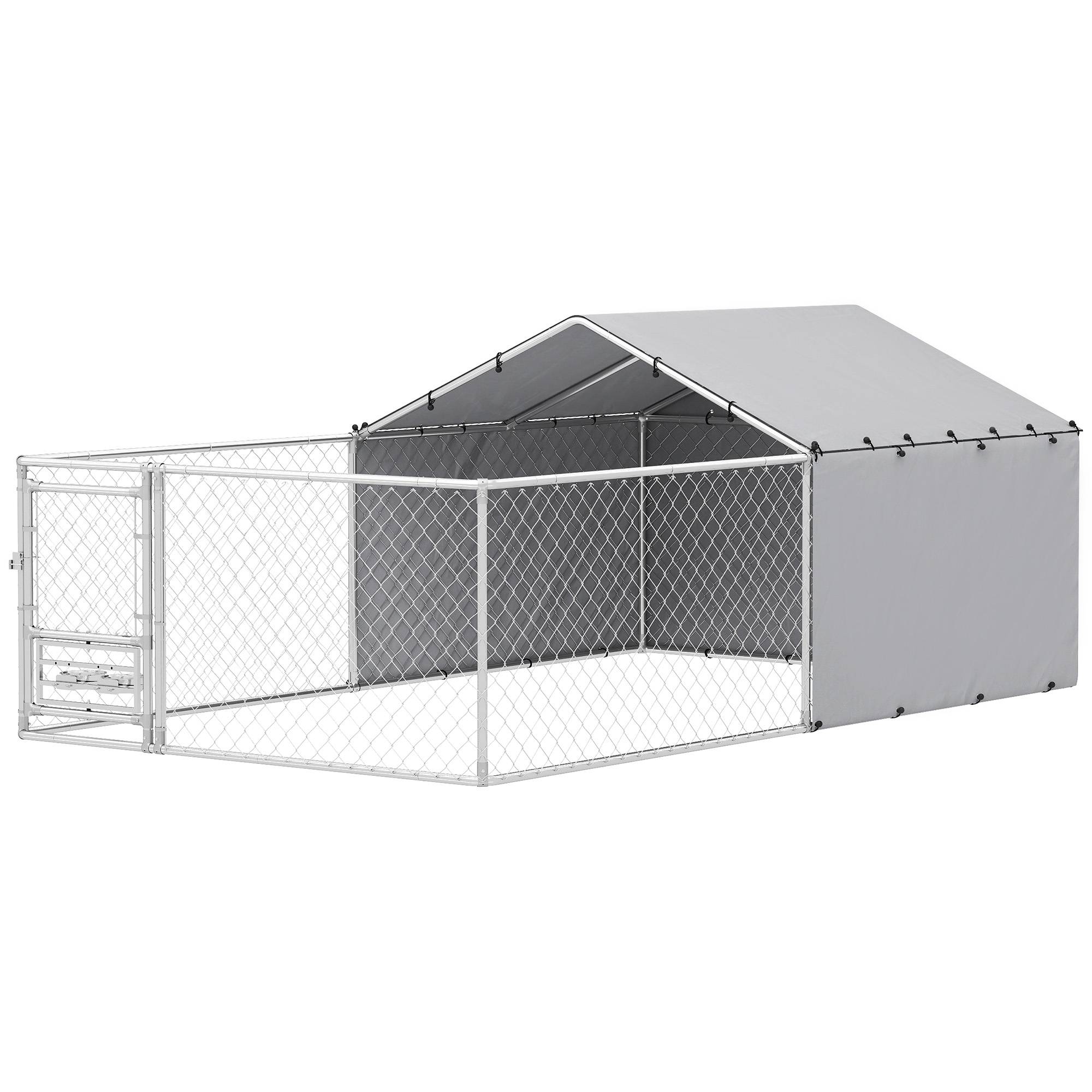 Parc pour chien avec couvercles et gamelles pivotantes, acier et tissu Oxford, 4 x 2,3 x 1,5 m, argent - Image 2