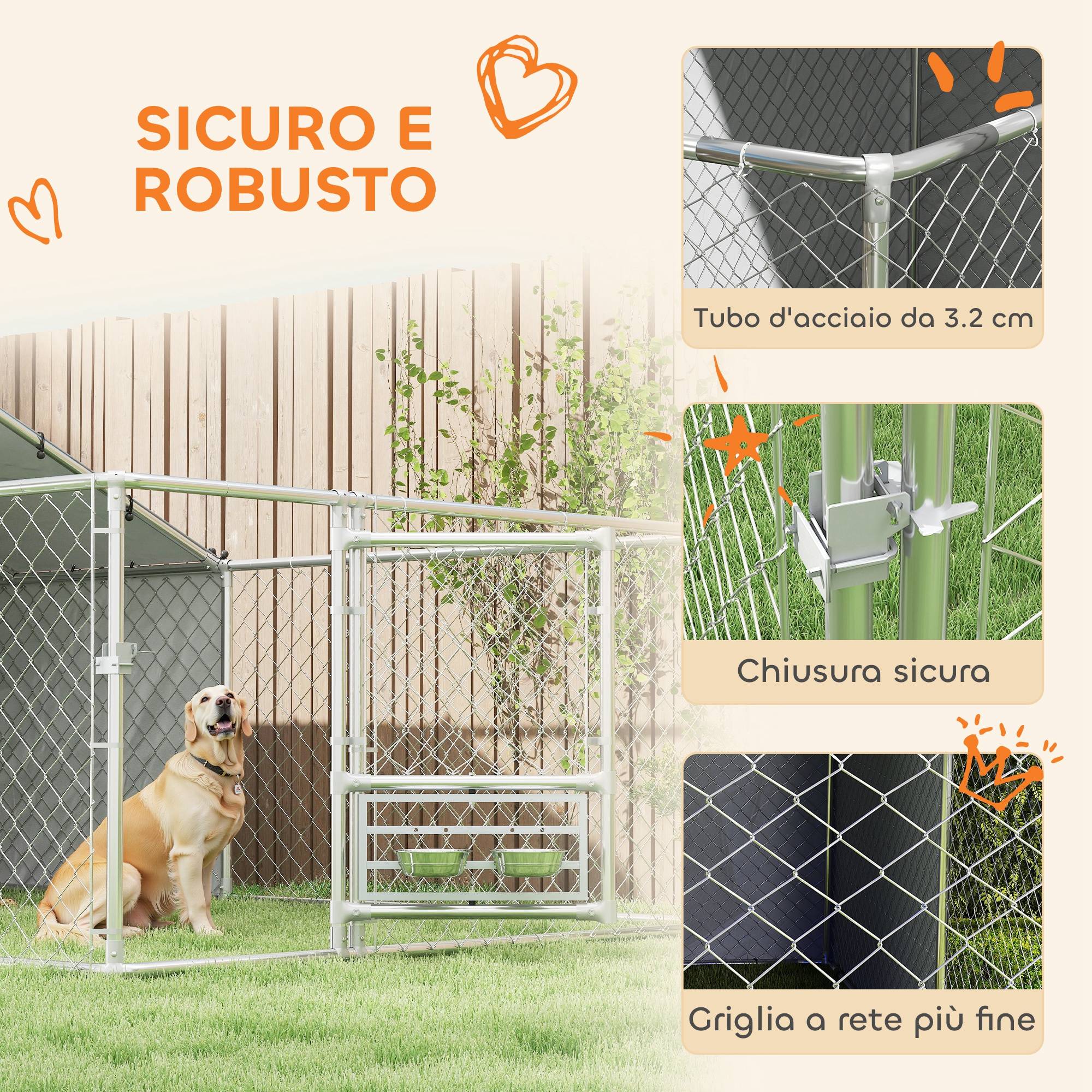 Parc pour chien avec couvercles et gamelles pivotantes, acier et tissu Oxford, 4 x 2,3 x 1,5 m, argent - Image 9