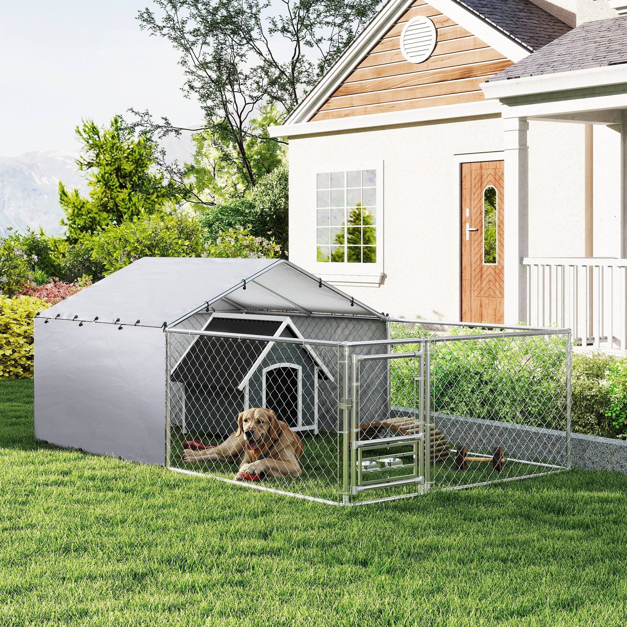 Parc pour chien avec couvercles et gamelles pivotantes, acier et tissu Oxford, 4 x 2,3 x 1,5 m, argent - Image 4