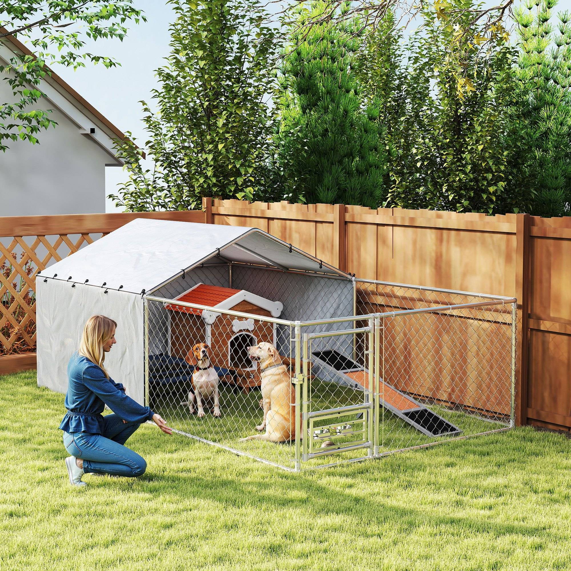 Parc pour chien avec couvercles et gamelles pivotantes, acier et tissu Oxford, 4 x 2,3 x 1,5 m, argent - Image 3