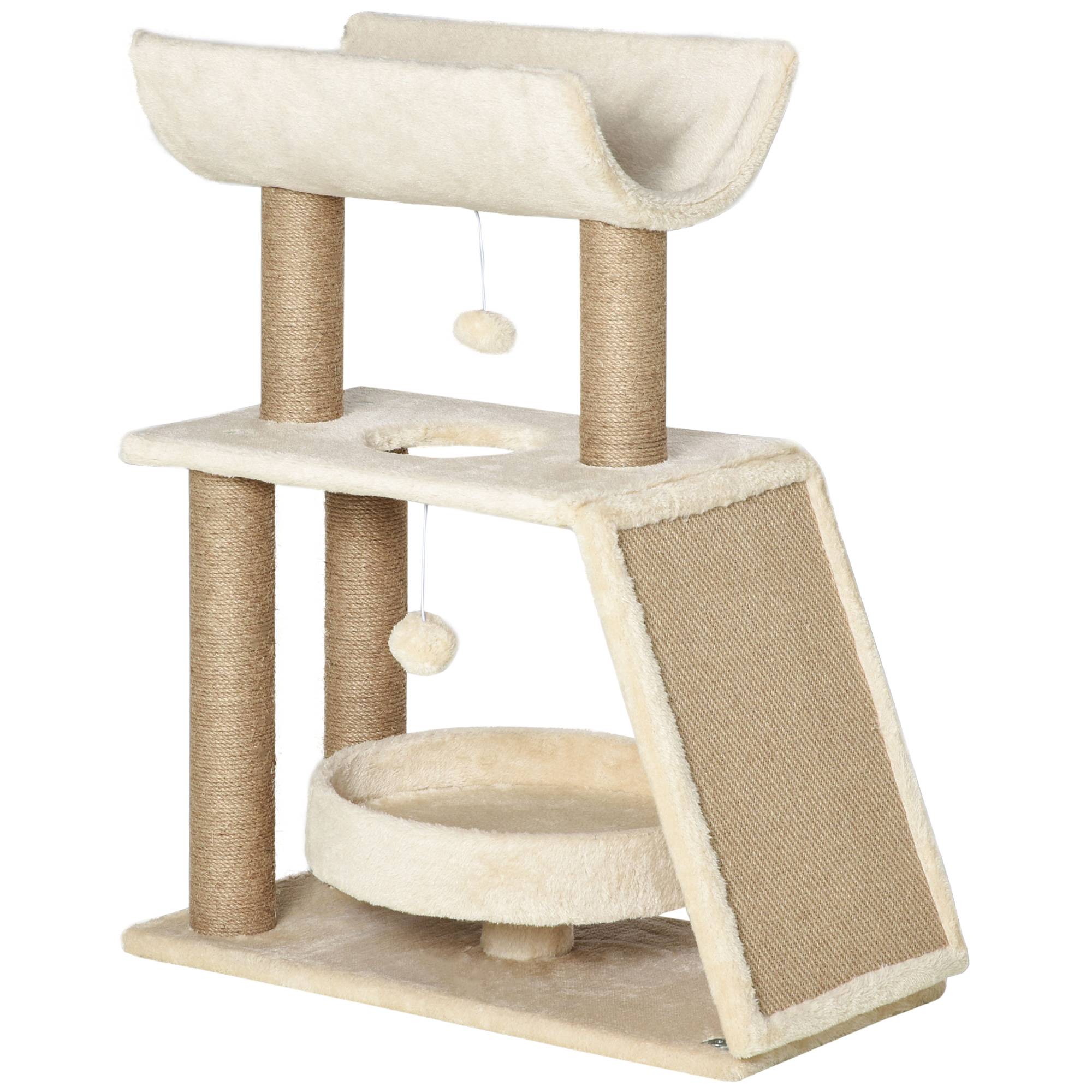 Pawhut - Arbre à chat griffoirs grattoir jeu boules suspendues plateformes ronde, rectangulaire et demi-cylindrique peluche jute naturelle beige - Image 1
